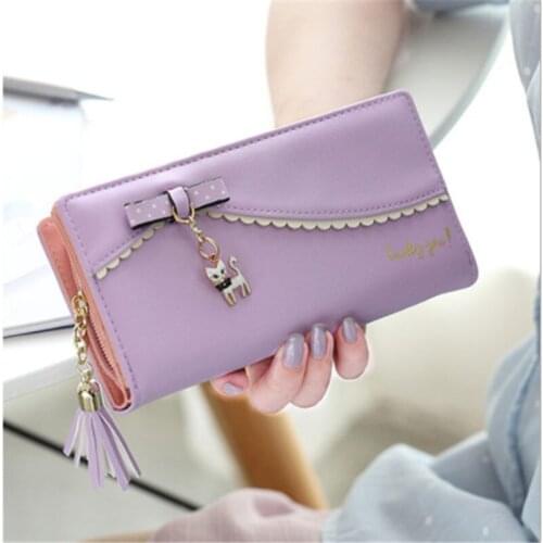 Tassel Ladies Clutch PU Leather Long Wallet Women Card Holder Purse Sweet Bow Cute Cat Pendant Phone Money Coin Bag