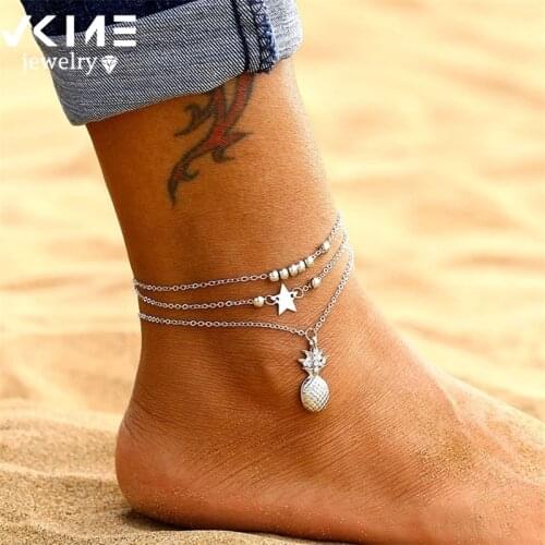 VKME Bohemian Layer Chain Anklets for Women Fashion Adjustable pineapple Pendant Bead Bracelet on Leg Anklet Beach Ankle Jewelr