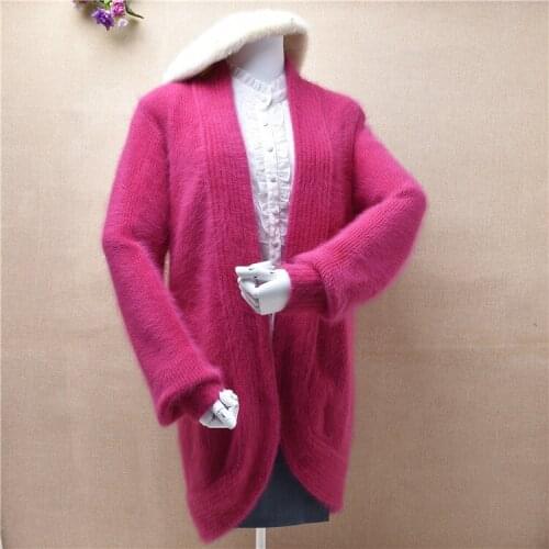 Ladies women rose colored elegant vintage angora rabbit fur knitted loose cardigans mantle mink cashmere winter jacket coat pull