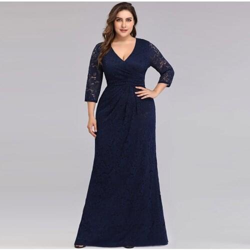 Flowers Embroidery Deep V-Neck Evening Dress Three Quarter Sleeves Mermaid New Floor-Length Plus Size Women Formal Gowns D931