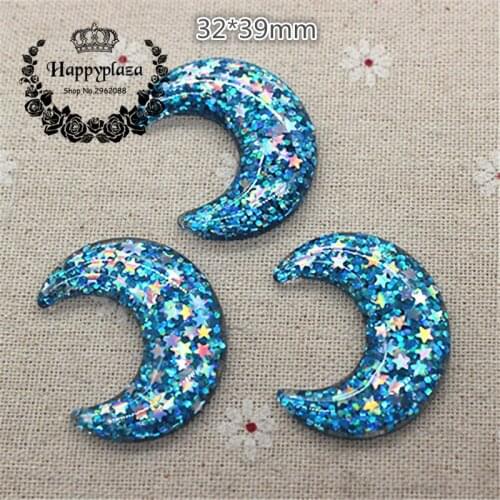 10pcs Kawaii Resin Glitter Blue Moon Flatback Cabochon Art Supply Decoration Charm Craft DIY Accessories,32*39mm