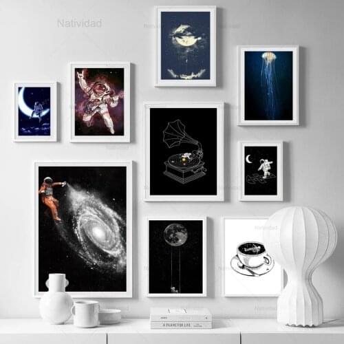 Nordic Abstract Canvas Painting Astronaut Space Moon Coffee Cup Posters and Prints Wall Art Pictures Living Room Home Decoration
