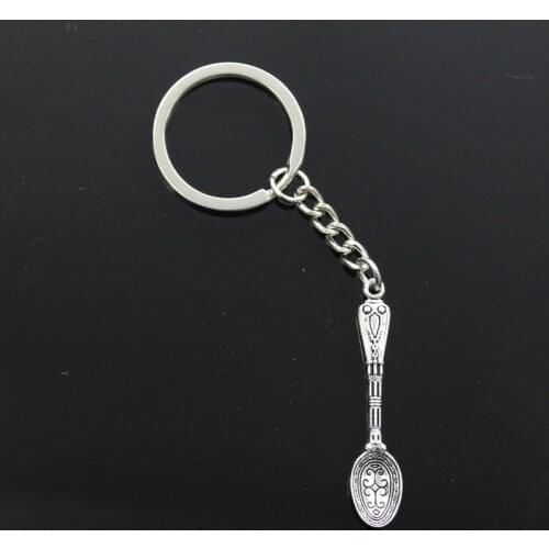 New Fashion Men 30mm Keychain DIY Metal Holder Chain Vintage Pattern Spoon 48x10mm Silver Color Pendant Gift