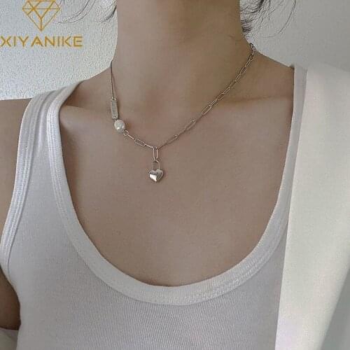 XIYANIKE 925 Sterling Silver Love Heart Lock Irregular Chain Letter Pearl Necklace Female Charm Trendy Jewelry Birthday Gift
