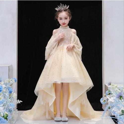 Champagne tulle Kids Girls Elegant Wedding Flower Girl Dress Long Gown Princess Party Pageant Formal Vestido Party Formal Wear