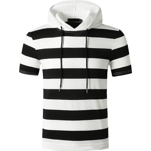 Men Polyester T Shirt Muscle Movements With Short Sleeves Stripe Long Hooded Round Collar Hoodie Cultivate Ones Morality Type