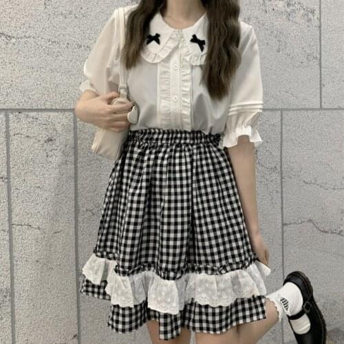 Summer Kawaii Plaid Skirt for Women Japanese Elegant Vintage Ruffles Skirt Soft Girl Casual Designer Beach Party Skirt 2021 New