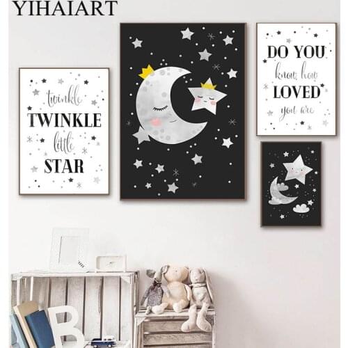 Nordic Nursery Quotes Canvas Poster Crown Moon Star Cartoon Art Print Wall Painting Modern Kids Boy Bedroom Decoration Picture