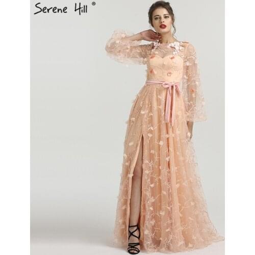 Newest Long Sleeves Diamond Flowers Long Dresses Evening Fashion Sexy Beach Evening Gowns 2021 Serene Hill LA6496