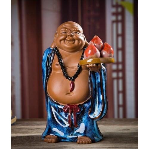 Rare old SHIRAN KILN Buddha gives peaches porcelain statue