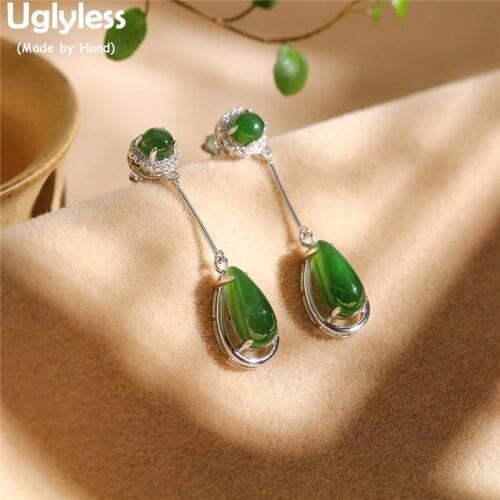 Uglyless Luxury Women Nature Green Jade Evening Dress Earrings Water Drop Gemstone Earrings Real 925 Silver Zircon Brincos E1521