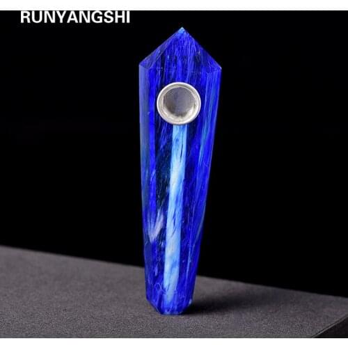 Runyangshi 1pcs wholesale Natural blue smelting Quartz Crystal Smoking Pipe+strainer quartz stone healing wand