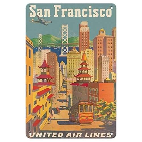 San Francisco, California - United Air Lines - Cable Car in Chinatown - Airline by Joseph Fehér c.1950s Metal Tin Sign