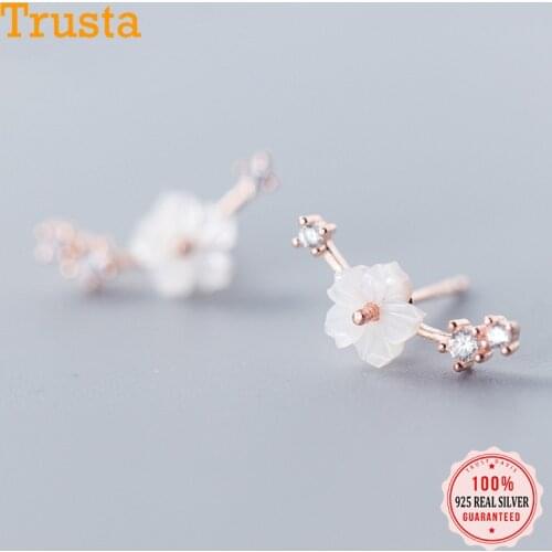 TrustDavis S925 Sterling Silver Fashion Sweet Shell Flower Shiny CZ Stud Earring For Women Wedding Party Birthday Present DS828