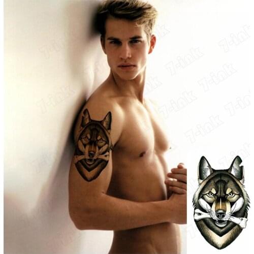 Waterproof Temporary Tattoo brown animal Wolf head bone Water Transfer Tatto fake flash Tatoo for man woman
