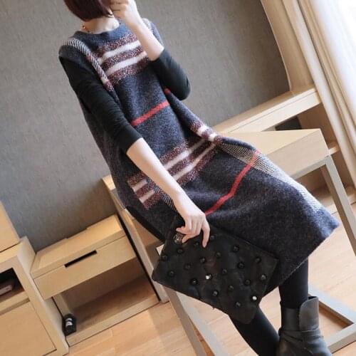Knitted Sweater Vest Dress Womens Autumn and Winter 2019 New Loose Long Section Sleeveless Waistcoat Dress Fashion Warm f2354