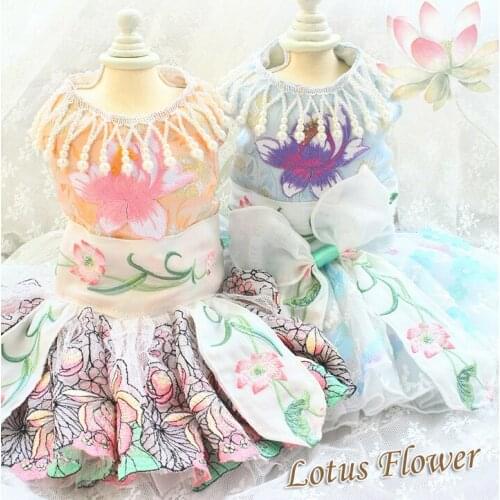 Handmade High-End Dog Clothes Fairies In The Pool Lotus Flowers Exquisite Tassel Pearl Embroidered Pet Dresses Cats Poodle