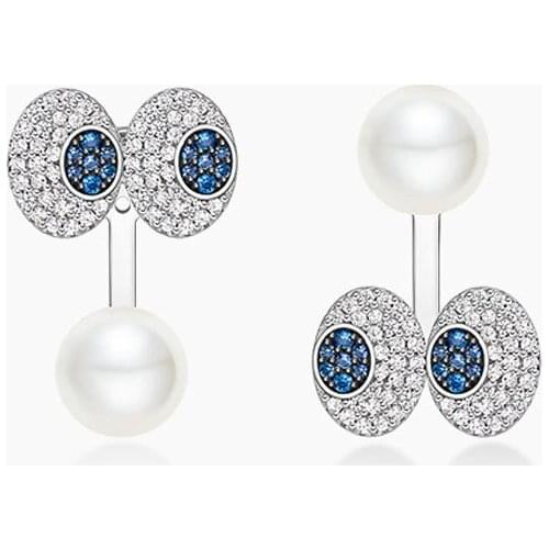 SOELLE Fashion Brand 925 Sterling Silver Asymmetric Big Eyes Earrings with Pearl Cubic Zirconia Stones Women Girls Fine Jewelry