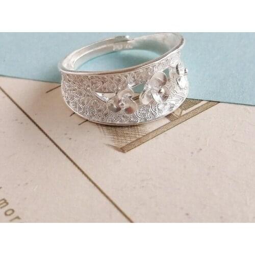 Vintage Flower 999 Sterling Silver Rings For Women Engagement Ring Adjustable Finger Luxury Jewelry BOHO Handmade Female Ethnic