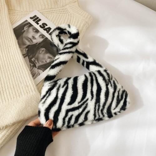 Winter Vintage Zebra Pattern Shoulder Underarm Bag Female Plush Autumn Handbag Soft Warm Fur Tote Purse For Lady Bag Sac A Main