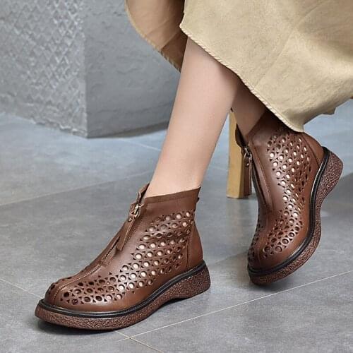 2021 Spring Summer Retro Big Round Head Doll Shoe Front Zipper Hollow Sandals Genuine Leather Hole Shoes Thick-Soled Sandals