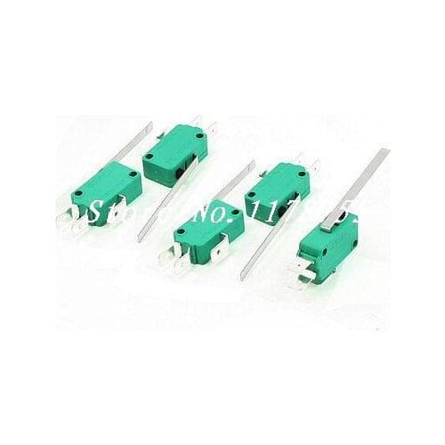 5pcs 250VAC 16A SPDT 3-Pin Long Straight Hinge Lever Miniature Microswitch Green