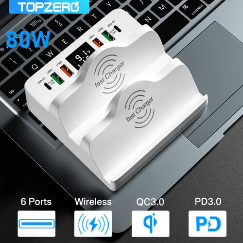 80W Multi USB Charger Station HUB PD Fast Charger Adapter For iPhone12 X Qi Wireless Charger Quick Charge 3.0 For Xiaomi Samsung