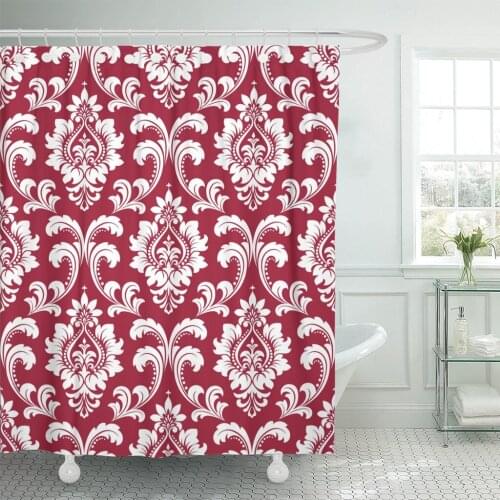 Abstraction Floral Pattern Baroque Damask Red and White Graphic Shower Curtain Waterproof Polyester Fabric 72 x 78 Inches Set