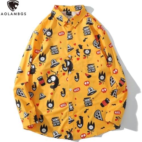 Aolamegs Men Shirt Cute Funny Ghost Graphic Casual Baggy Harajuku Bermuda Beach Long Sleeve Fashion Hip Hop Style Streetwear Men