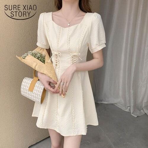 Elegant Fashion Square Collar Woman Dress Summer Robes Vintage A Line Puff Sleeve Mini Dress Women Bandage Party Dresses 14890