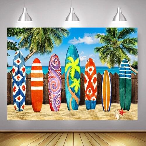 Summer Photography Backdrop for Photo Studio Surfboard Tropical Sea Beach Themed Birthday Art Background Photocall Coconut Tree