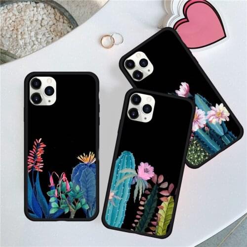 GYKZ Funny Cartoon Cactus Phone Case For iPhone 7 11 Pro XS MAX SE 2020 XR X 8 6Plus Flower Black Silicone Matte Cover Coque Bag