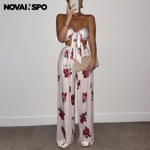 NOVAINSPO Printing Bandage Strapless Cropped Tops And Pants Sets Backless Loose Casual Streetwear 2 Piece Sleeveless Co-ord Set