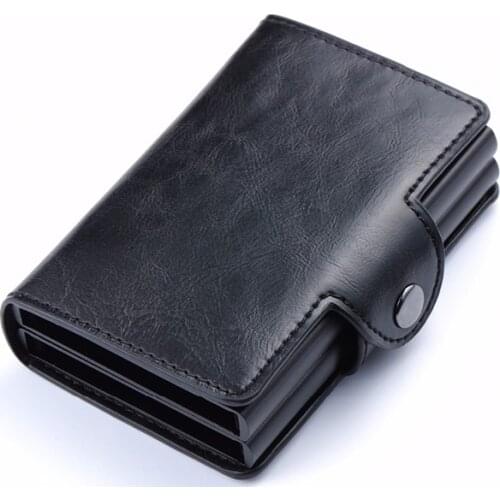 Bisi Goro Metal Hasp Business Credit Card Holder Vintage Crazy Horse Card Wallet Solid Anti RFID Double Tarjetero Alumini wallet