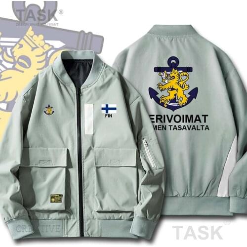 Bomber Military Biker Jacket Navy Finland FIN FI Suomi Finnish Finn Mens Bomber Zipper Jacket Big Pockets Harajuku Streetwear