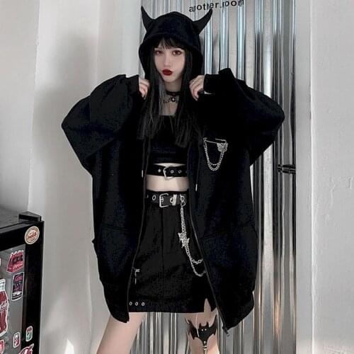 2021 Autumn Winter Hooded Jacket Korean Harajuku Style Loose Dark Devil Female Coat Women Clothing Oversized Cardigan 3XL 4XL