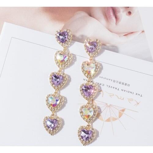 Hot selling fashion jewelry heart crystal tassel earrings long purple white mixed color zircon wedding earrings for women