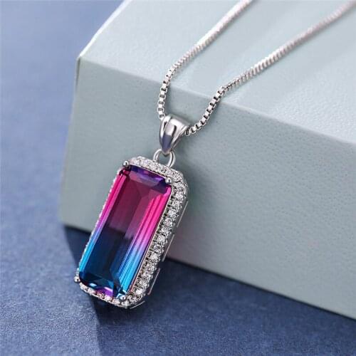 Mystic Rainbow Zircon Rectangle Pendant Necklaces For Women Vintage Fashion Multicolor Stone Necklace Female Engagement Jewelry