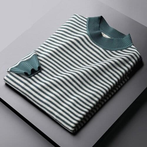 Classic Half Turtleneck Sweater Male High Quality Round Collar Autumn Winter Stripe Mens Sweaters Fit Sweater Man 3XL