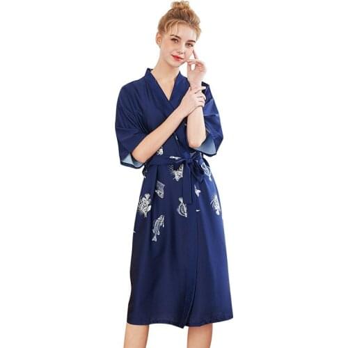 New 2020 Spring Silk Kimono Bathrobe Women Fishbone And Fish Print Satin Silk With Belt Bathrobe Sexy Robes Peignoir Femme