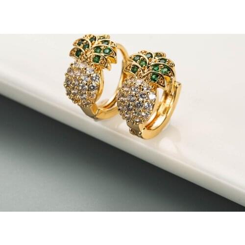 Cute Fruit Pineapple Hoop Earrings For Women Shiny Green Cubic Zirconia Small Huggies Lovely Earring Piercing Jewelry Accessory