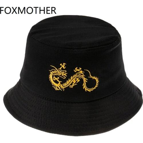 FOXMOTHER New Fashion Punk Black Embroidery Fisherman Caps Bob Panama Casquette Dragon Bucket Hats Mens Hip Hop Gorras