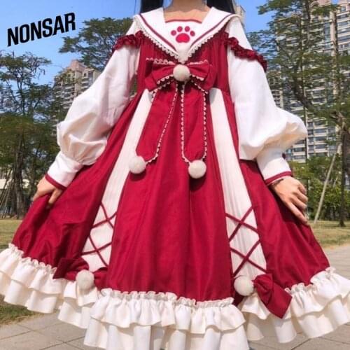 NONSAR Meow Paw Lolita Dress Women Op Autumn And Winter Navy Collar Cute Hair Ball Kawaii Fashion Ladies New