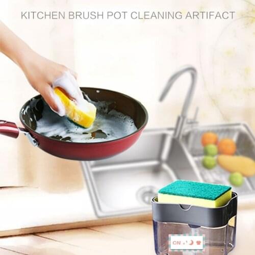 Press-Type Soap Box Pump Dispenser With Sponge Scrubbing Liquid Detergent Kitchen Cleaning Combination Tool