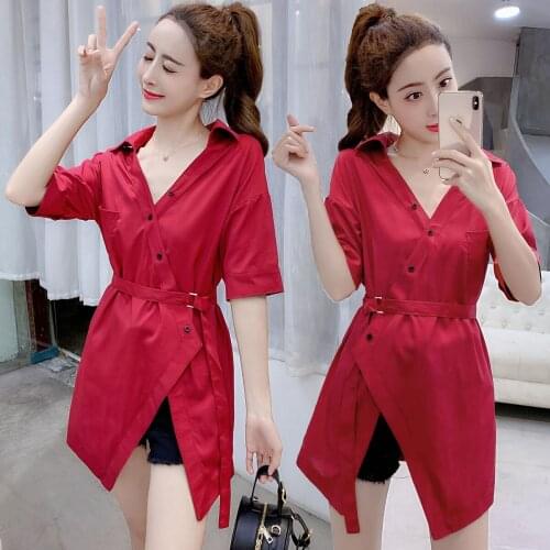 Short Sleeve V-Neck Blouse 2021 Spring Summer Irregular Wild Blouse Shirts Women Long Slim Shirt Tops With Belt Blouse Plus size
