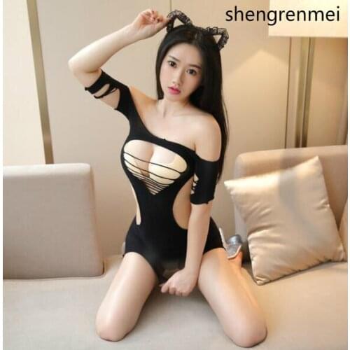 Shengrenmei 2019 Sexy Erotic Women Hot Sexy Lingerie Hollow Teddy Latex Catsuit Babydoll Costumes Lady Black Dress Dropshipping