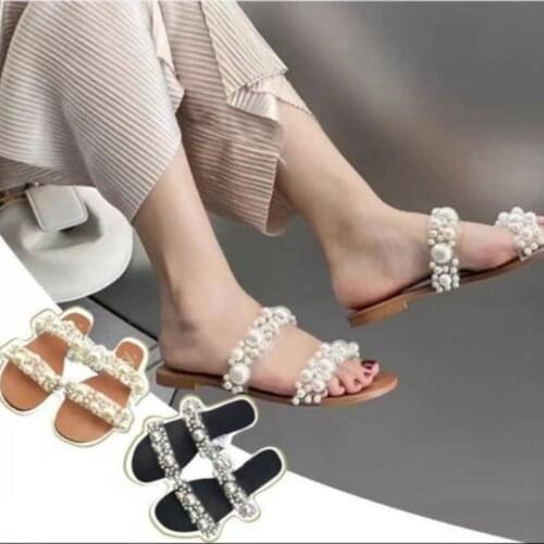 2021 new arrival summer women pearl flat slippers transparent outside slippers brown slides casuals beach slippers size 36-43