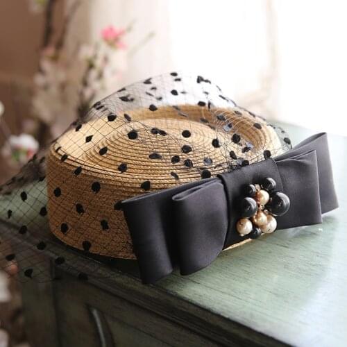 Handmade Weaing Straw Fedoras Women Dot Face Veil Bow Wedding Hat Headpiece Elegant Ladies European Fancy Party Show Headwear