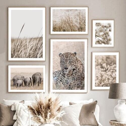 Steppe Leopard Elephant Herd Dried Flowers Nordic Poster Nature Wall Art Print Canvas Painting Decor Pictures For Living Room