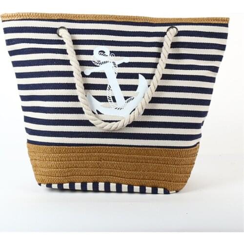 Fashion Casual Canvas Single Shoulder Female Tote Bag Summer Large Capacity Creative Anchor Print Stripe Tassel Beach Bag